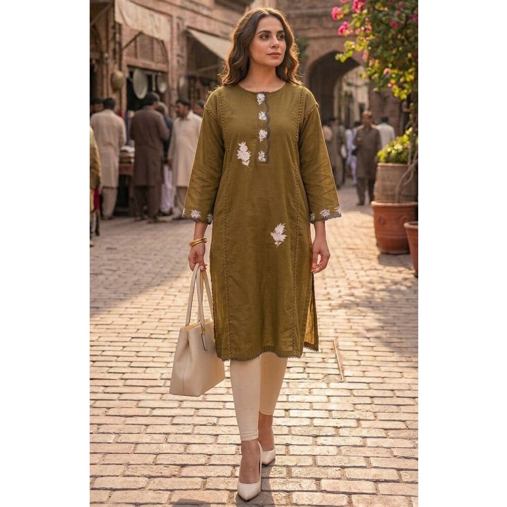 Beechtree Olive Green Embroidered Kurti Tunic Top Sz 10 Loose Fit Boho Kurta